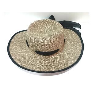 RIMA SMX BEACH WORLD 100% STRAW HAT FLOPPY WIDE BRIM TAN & BLACK